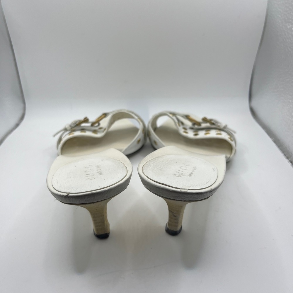 Gucci White Leather Studded Buckle Slide Heels Sandals‎ Women's Size 7B - Picture 3 of 8